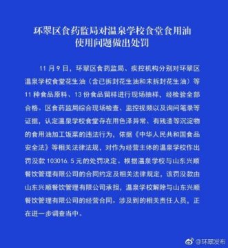 威海一学校食堂重复用油 被当地食药监局罚10余万